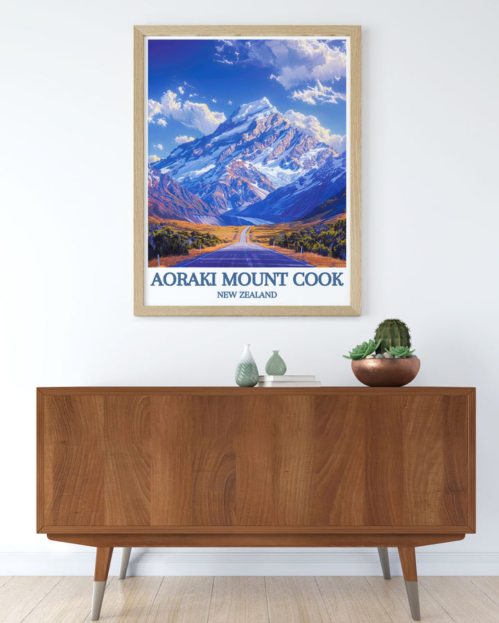 Artistic portrayal of the Southern Alps with Aoraki Mount Cook in the background, bringing the adventure of outdoor New Zealand into your home.