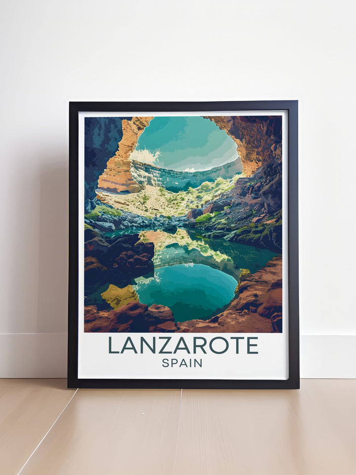 Featuring the breathtaking Jameos del Agua, this poster highlights the natural lava tube formations and crystal clear waters, showcasing Cesar Manriques artistic vision in transforming nature into a cultural haven, ideal for any art enthusiasts collection.