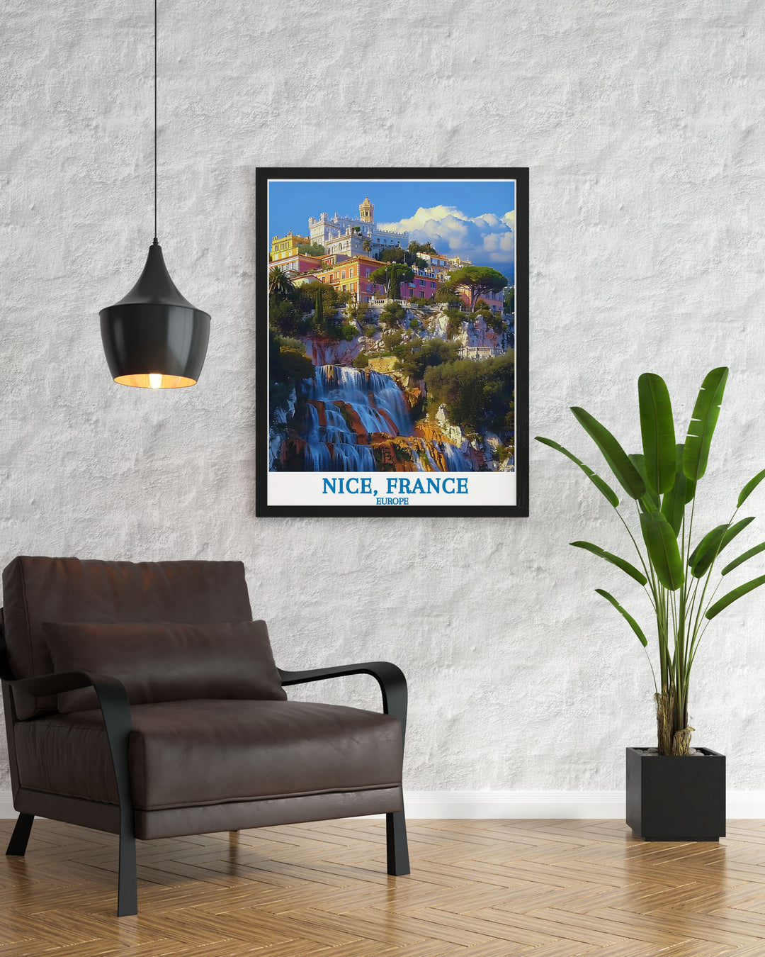 Featuring the historic Colline du Château in Nice, this travel poster brings to life the lush park, ancient ruins, and stunning sea views, making it a perfect addition to any collection of French Riviera art.