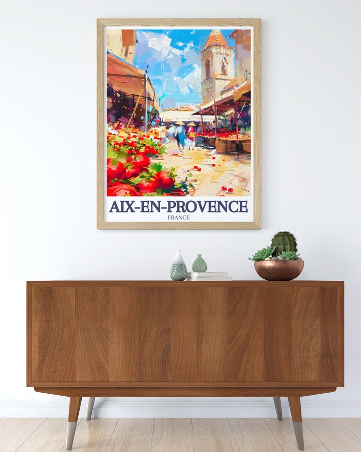 Vibrant art print of Aix market Town Hall Square with intricate details and rich hues perfect for home decor or as a thoughtful gift for friends who love travel and art