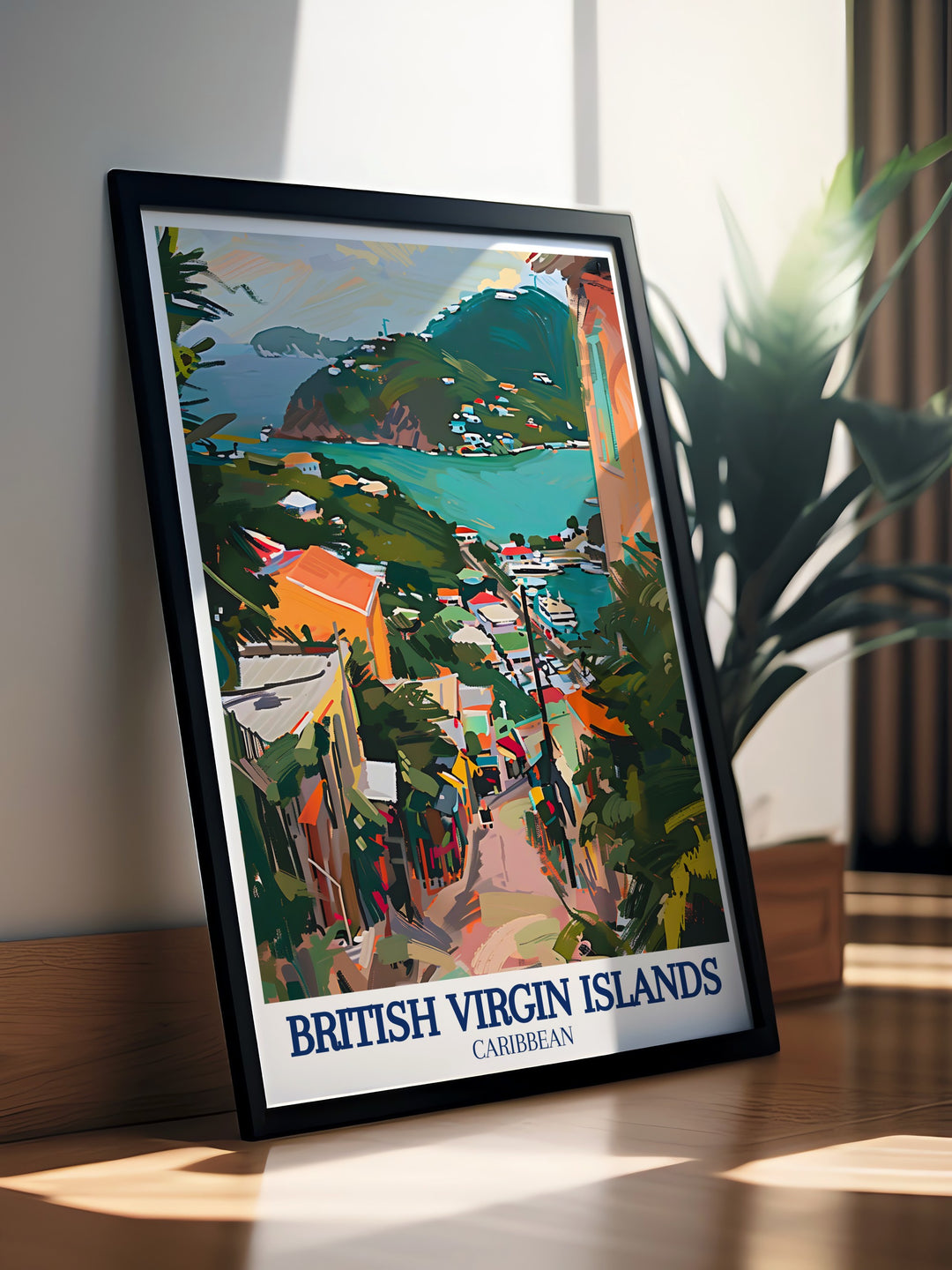 A vintage style poster of Road Town in the British Virgin Islands, featuring its colorful streets and bustling harbor. This framed art is perfect for home decor and adds a touch of Caribbean charm to any room.