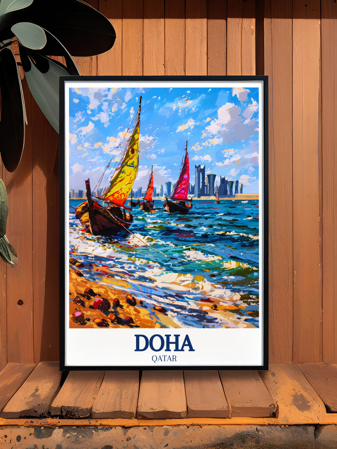 Experience the tranquil beauty of Doha Corniche with this canvas art, depicting the serene waterfront promenade lined with palm trees and the shimmering waters of Doha Bay, perfect for creating a coastal ambiance.