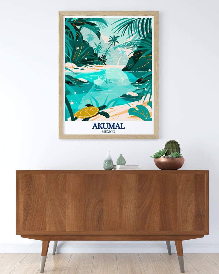 Colorful Akumal Poster featuring Akumal Bay Sea Turtle site ideal for elegant living room decor and unique Christmas gifts