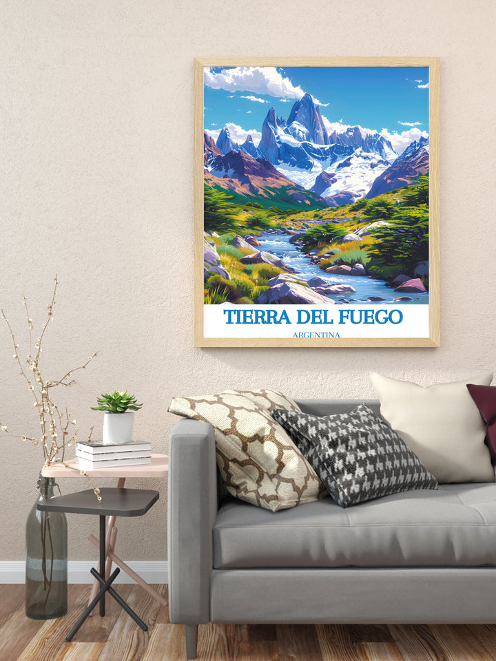 Reveal the wonders of Tierra del Fuegos national park with this vibrant travel poster, illustrating the diverse wildlife and stunning natural beauty of the region.