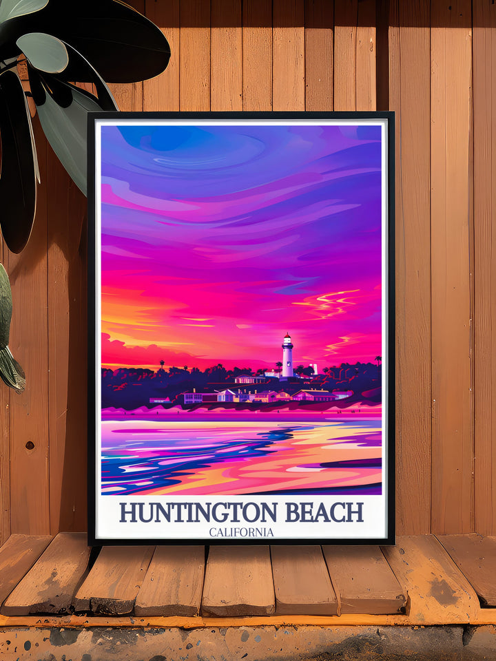 Huntington Beach and Huntington Beach Lighthouse in a beautifully designed canvas art print. This travel poster captures the relaxed vibe of Californias famous Huntington State Beach, making it an ideal gift for any beach lover.