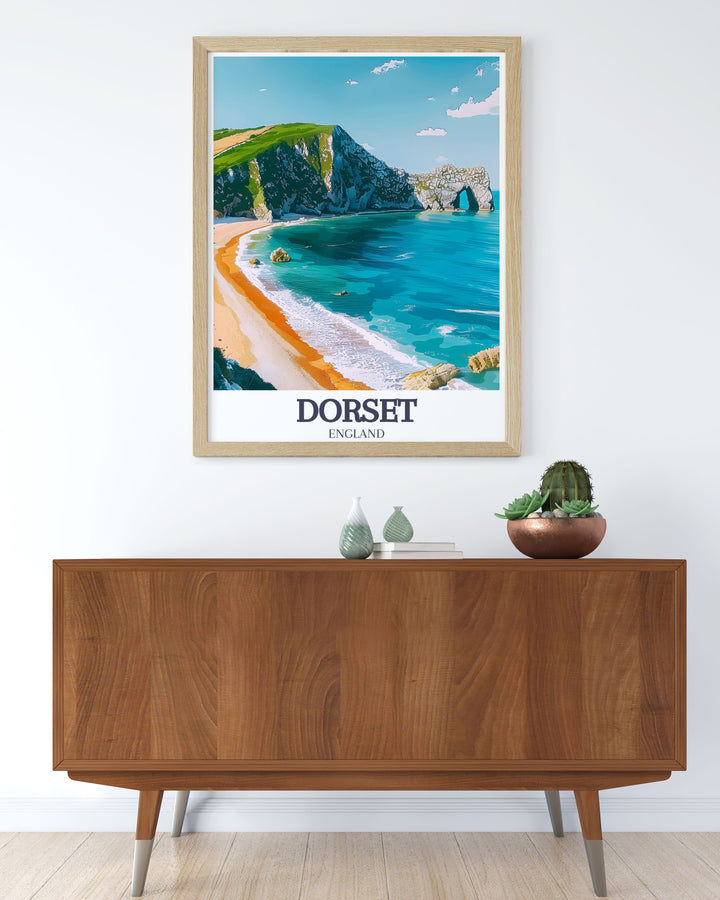 This travel poster captures the geological marvel of Lulworth Cove in Dorset, showcasing its unique circular bay and stunning cliffs, perfect for adding a touch of natural beauty to your home.