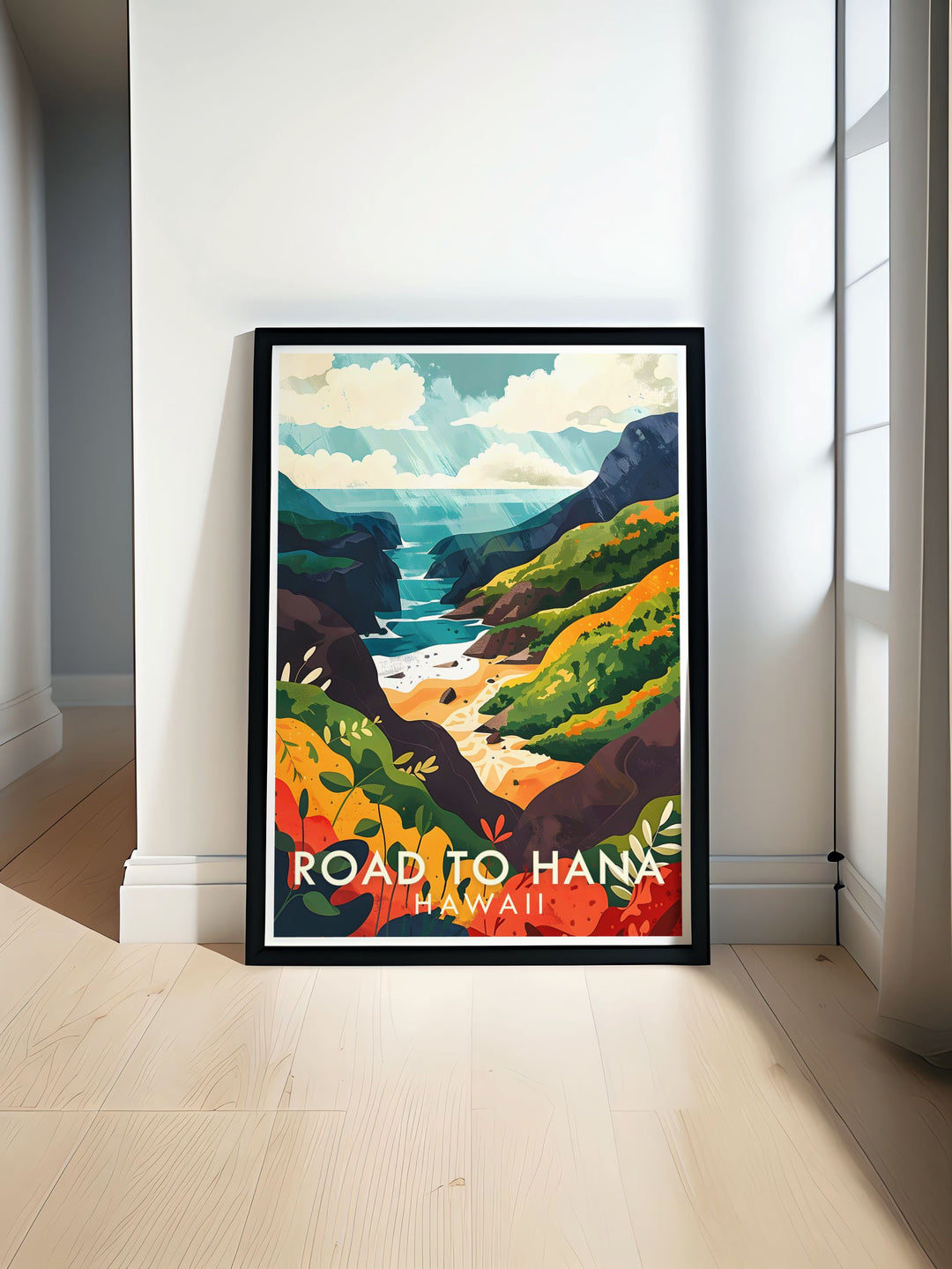 Hawaii wall art featuring the breathtaking landscapes of Wainapanapa State Park and the iconic Road to Hana. This artwork captures the beauty of Hawaiis natural scenery, perfect for adding a touch of tropical charm to your home decor.