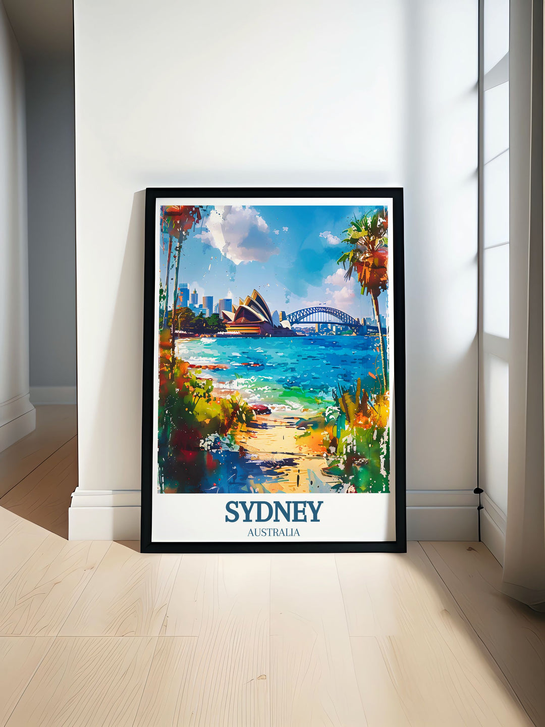 Vintage travel poster showcasing the iconic Sydney Opera House and Sydney Harbour Bridge in vibrant colors perfect for adding a touch of Australian charm to your home decor or as a thoughtful gift for travel enthusiasts and art lovers alike