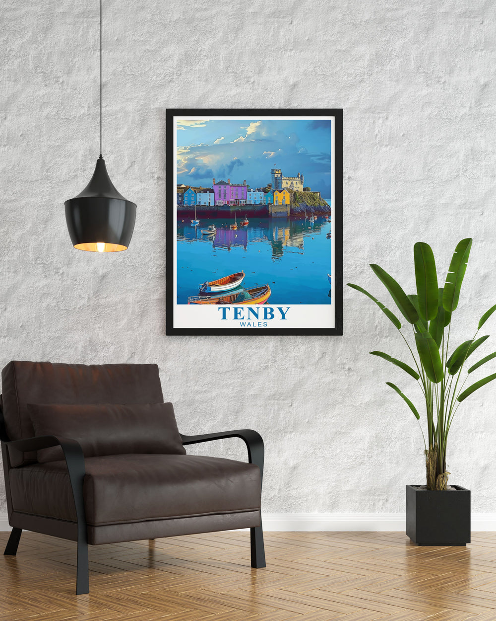 Art Deco print of Tenby Harbour highlighting the historic beauty of the Pembrokeshire Coast. This elegant print captures the vibrant colors of the seaside and makes a great addition to any modern decor or a special gift for loved ones.