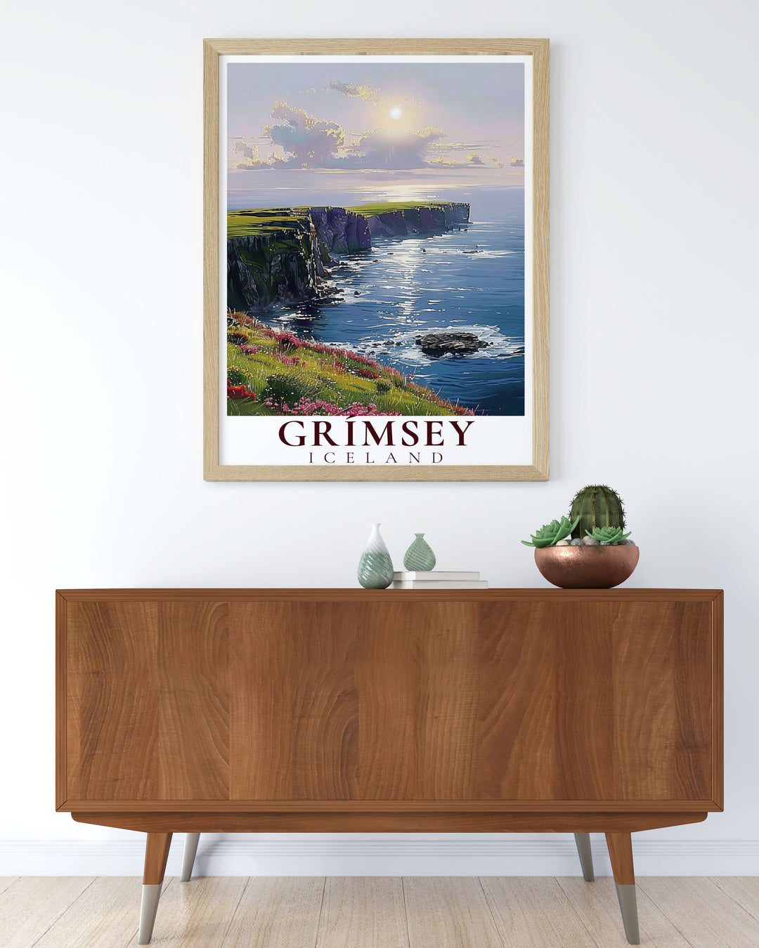 This art print features the historic Grimsey Lighthouse against the rugged Icelandic coastline, offering a glimpse into the islands rich maritime heritage and making it a great addition to any room.