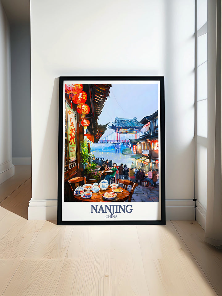 This Yangtze River Framed Art portrays the historical significance of Nanjings Fuzimiao District. With its intricate design and peaceful river scenery, this artwork is an excellent addition to any home, offering both a modern and traditional touch. Ideal for those who love travel inspired décor.