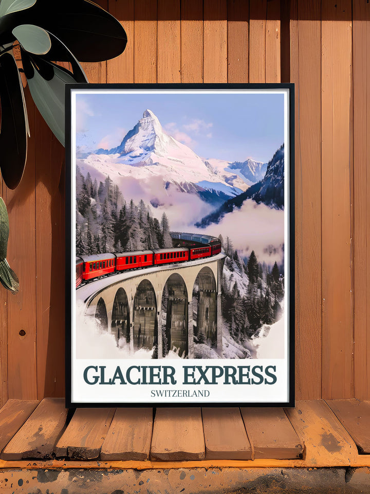 Transform your living space with the stunning living room decor of the Glacier Express train Landwasser Viaduct showcasing the majestic journey through the heart of the Swiss Alps