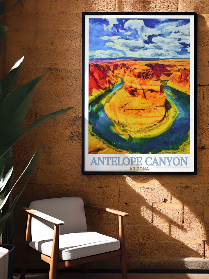 Arizona travel gift featuring a detailed illustration of Horseshoe Bend capturing its unique geological features and natural beauty an ideal present for art lovers and outdoor enthusiasts.