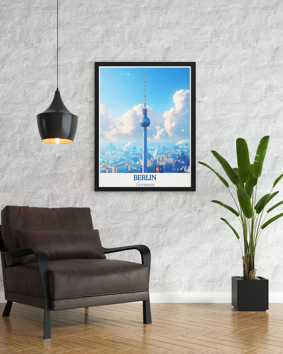 Artistic representation of the Berliner Fernsehturm set against the Berlin skyline a perfect Berlin gift for art lovers.
