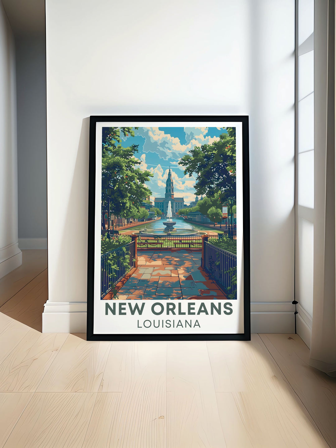 Jackson Square travel poster capturing the vibrant atmosphere and historic architecture of New Orleans perfect for home decor or as a travel gift showcasing the rich cultural heritage of this iconic Louisiana landmark