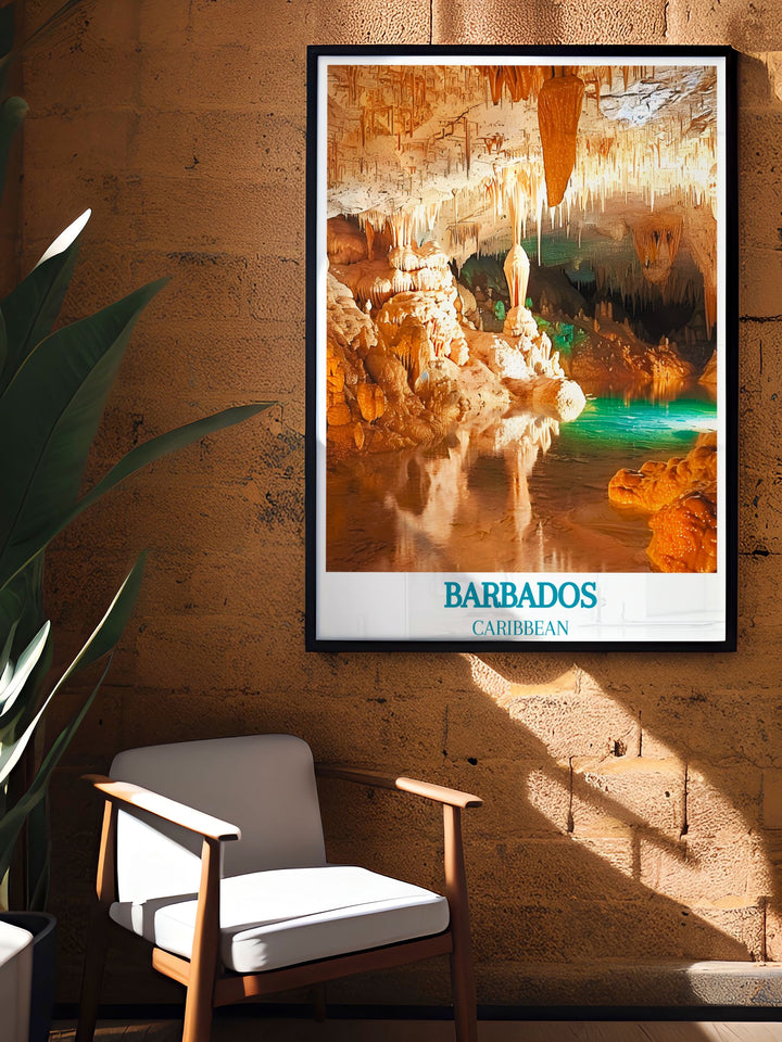 Harrisons Cave Poster featuring a detailed view of the caves interior, with its stunning stalactites and crystal clear streams, offering a glimpse into the hidden wonders of Barbados, perfect for inspiring adventure and curiosity.