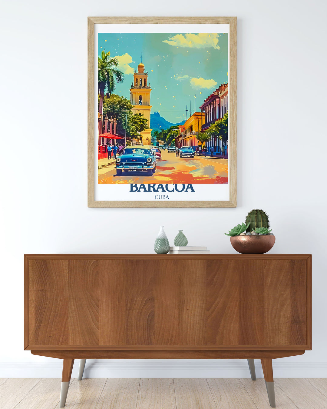 Elegant Cuba wall art depicting the enchanting Baracoa and the majestic El Yunque Mountain. This piece highlights the contrast between historic architecture and natural landscapes, adding a charming yet adventurous touch to any room.