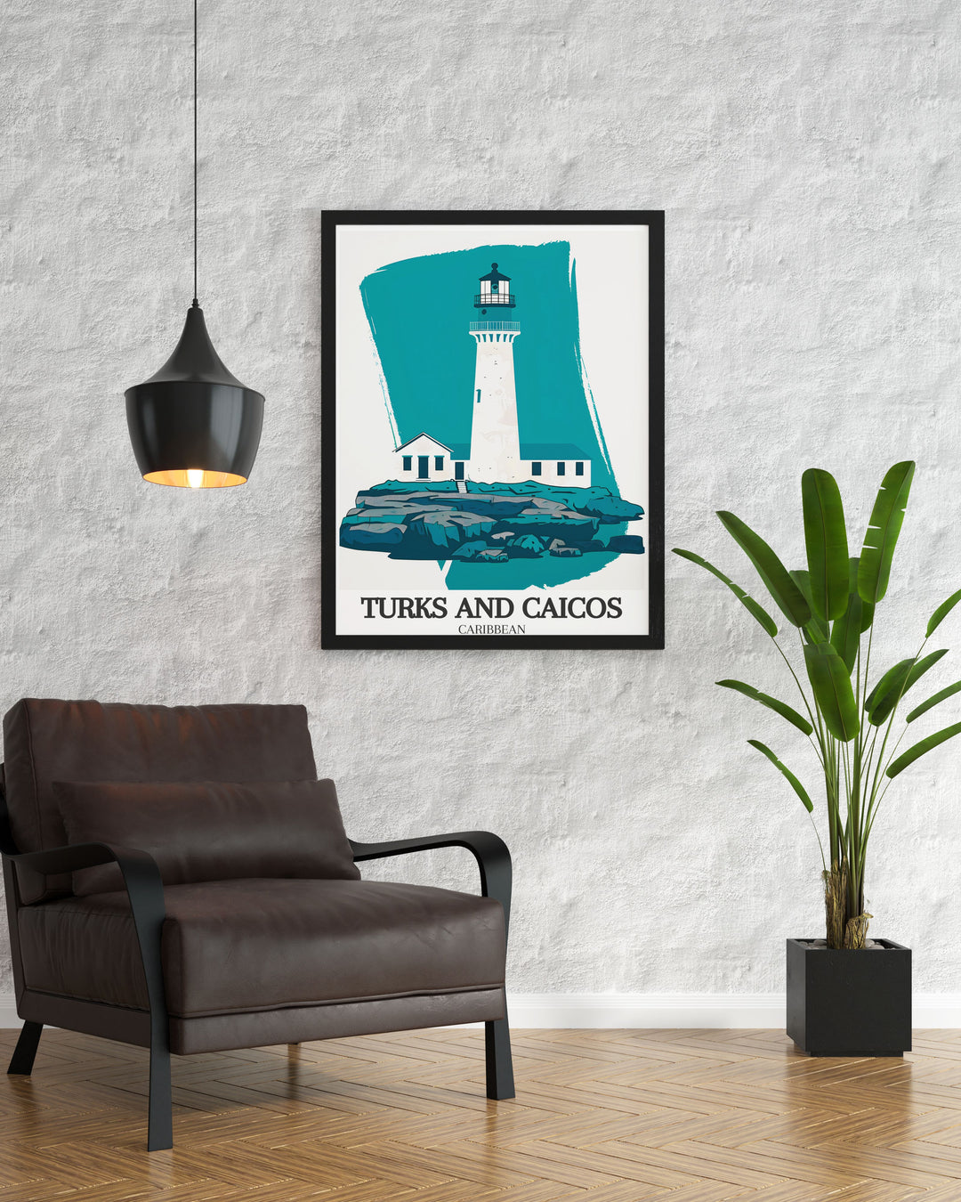 This travel print captures the essence of Turks and Caicos, with its iconic Grand Turk Lighthouse and the historic streets of Cockburn Town. A beautiful piece for any home looking to showcase tropical art.