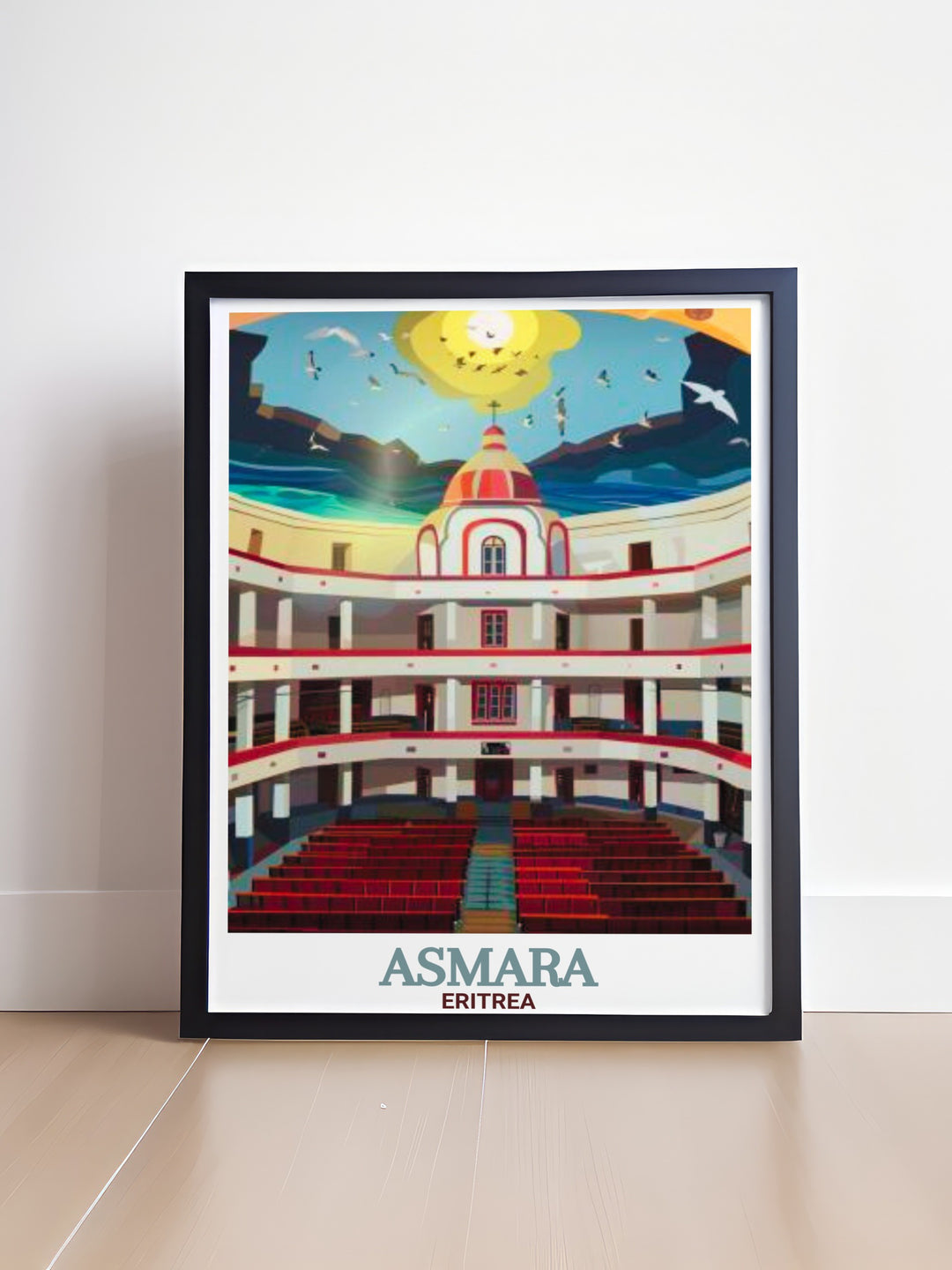 Elegant Asmara Opera House print in vintage style, ideal for home decor and personalized gifts, displaying stunning architectural details and vibrant colors.