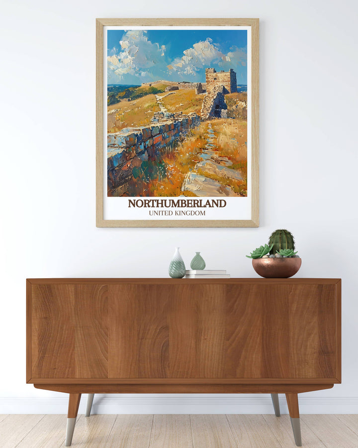 Beautiful Framed Print of Bamburgh Castle and Hadrians Wall designed to bring a touch of sophistication and historical charm to any space a must have for collectors and art lovers