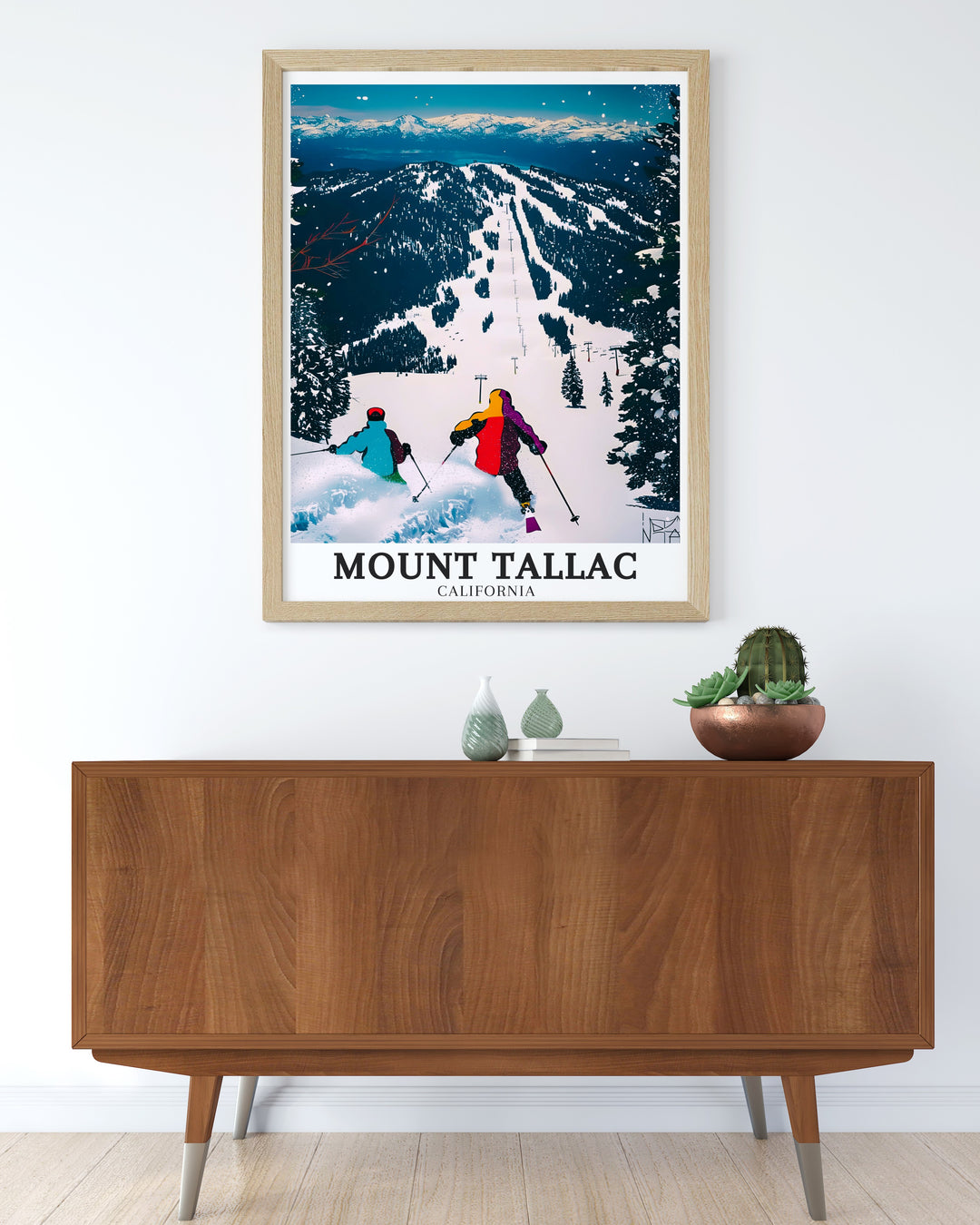 This vintage style travel poster of Mount Tallac, featuring the Heavenly Mountain Resort and the famous Tallac Trail, is perfect for those who want to remember their time spent hiking and skiing in Californias stunning landscapes.