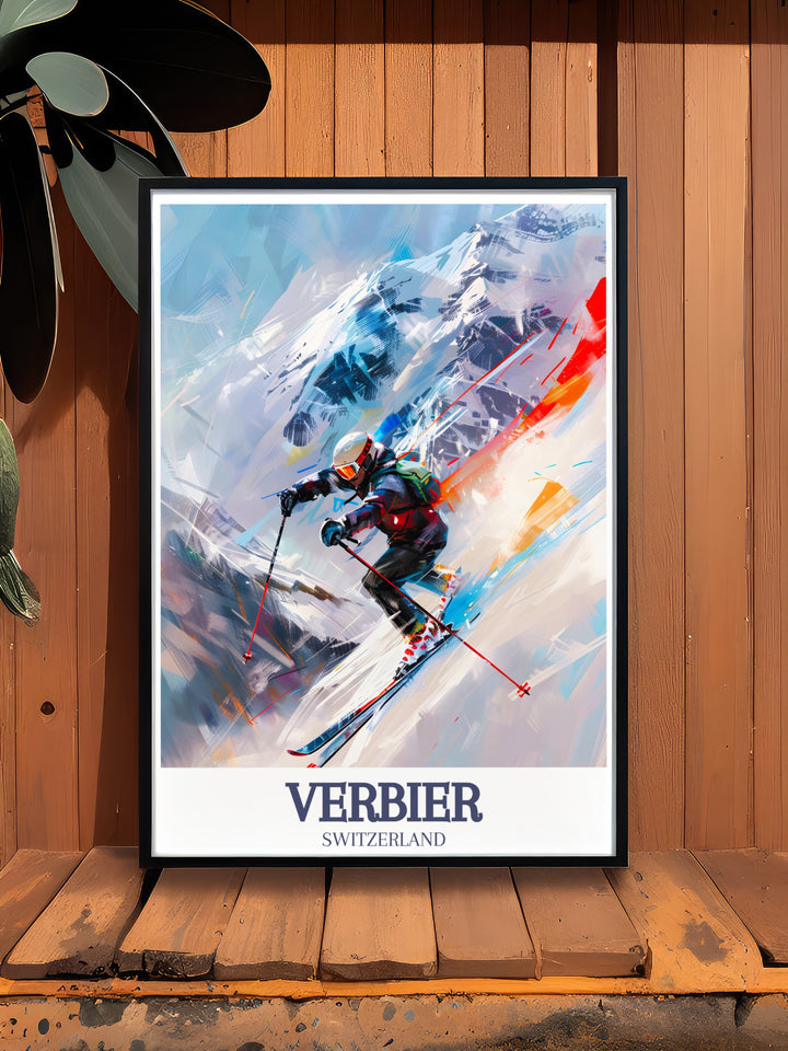 This Verbier poster print beautifully captures the iconic Swiss ski resort, nestled in the Four Valleys area. The artwork features stunning mountain peaks, making it the perfect addition to any ski enthusiasts home or office décor. A must have for those who love skiing and alpine landscapes.