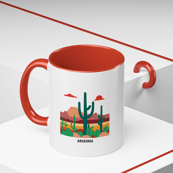 A ceramic Arizona Mug with bold and colorful artwork depicting Arizona's iconic landmarks. Dishwasher and microwave safe, this mug combines practicality with artistic flair, making it a wonderful gift.