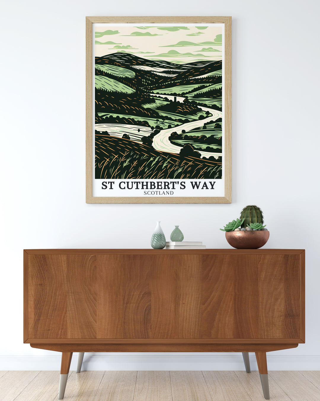 This framed print features River Tweed St Boswells and Lindisfarne Castle along the iconic St Cuthberts Way trail offering a stunning combination of history and natural beauty perfect for those who love vintage hiking prints and National Park posters