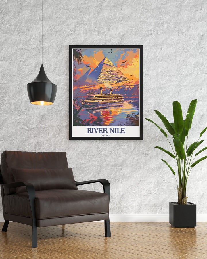 This Egypt Art Print highlights the enduring charm of the River Nile and the monumental Pyramids of Giza. Whether for personal enjoyment or as a gift, the print captures Egypts most iconic features in a way that brings history, beauty, and culture into any space.