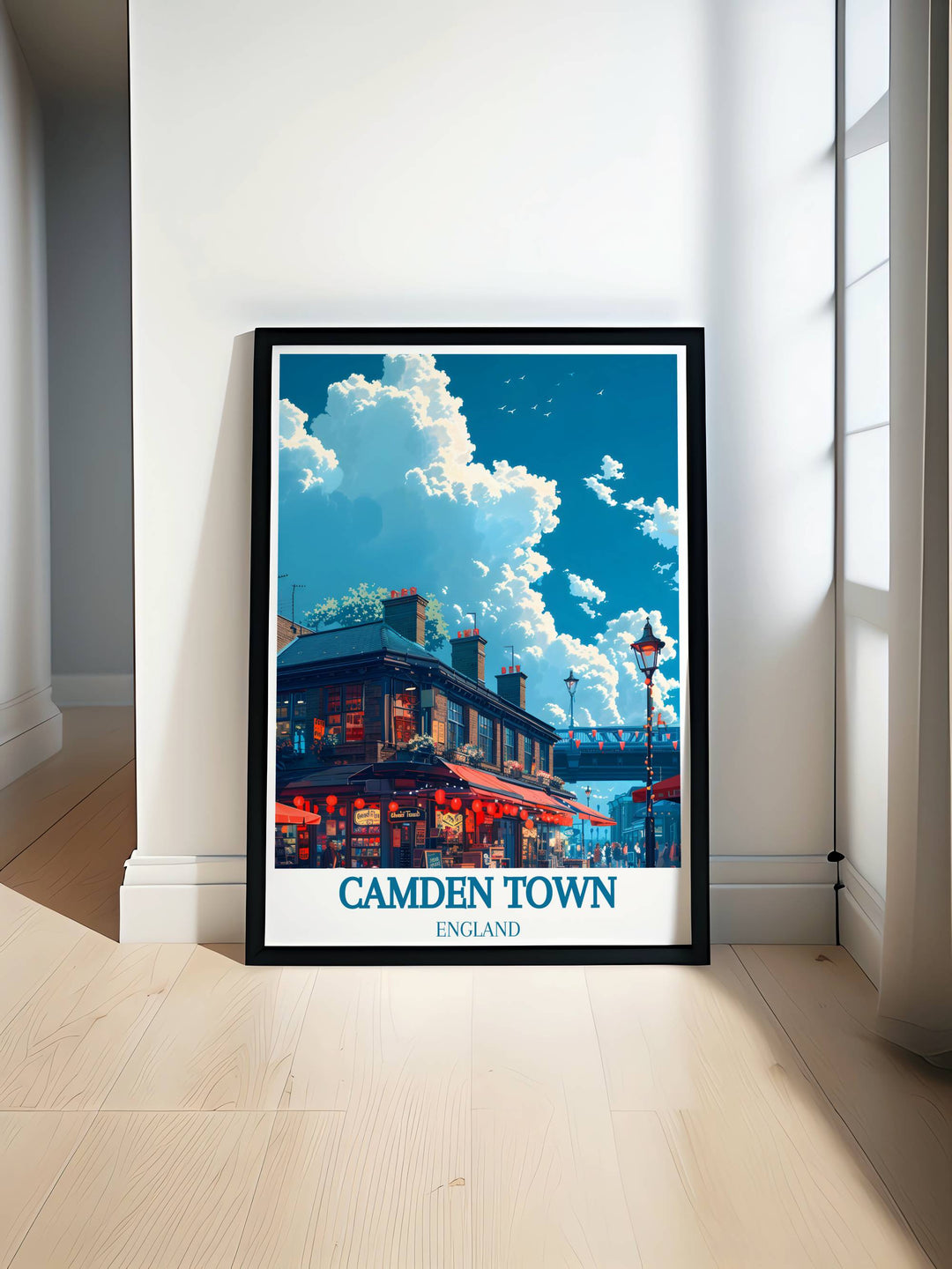 Beautiful Camden Market print capturing the vibrant energy of Camden Town London with its iconic market street art and famous Camden Lock Bridge perfect for adding a touch of London to your home decor or as a unique gift for travel enthusiasts and art lovers.