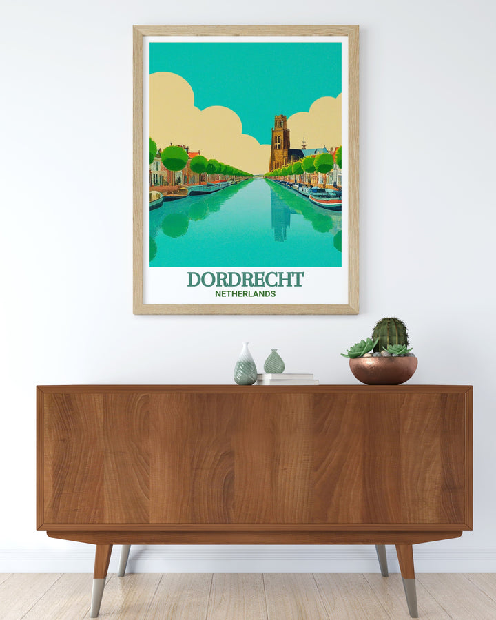 This Dordrecht travel print captures the serene beauty of the Merwede Canal, winding through the historic cityscape. The artwork highlights the calm waters and charming buildings that line the canal, making it a perfect piece for those who appreciate Dutch landscapes and tranquility.