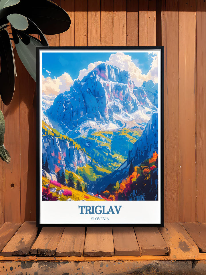 Triglav Peak framed print showcasing the iconic Mount Triglav in Slovenia set against the picturesque backdrop of Lake Bled a perfect wall art piece for those who appreciate the grandeur of national parks and the spirit of adventure.