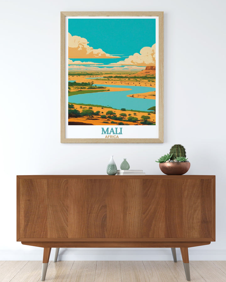 This Niger River art print captures the grandeur of the waterway as it flows through Mali. Perfect for wall art décor, this poster is a tribute to Africas rich natural landscapes, ideal for adventurers, historians, and art lovers.