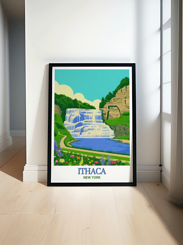 Ithaca Falls travel poster, showcasing the serene landscapes and majestic waters of this beautiful New York State location. This print captures the essence of Ithacas natural beauty, perfect for enhancing your home decor with a touch of natures splendor.