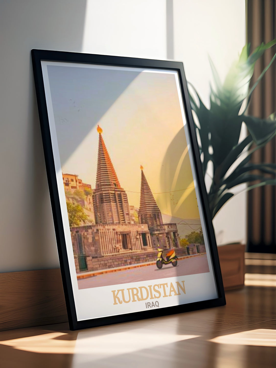 Capture the beauty of Kurdistans Lalish Temple with this travel print. The minimalist black and white artwork is ideal for those who appreciate cultural history and stunning architectural designs. Its a timeless piece for any wall.