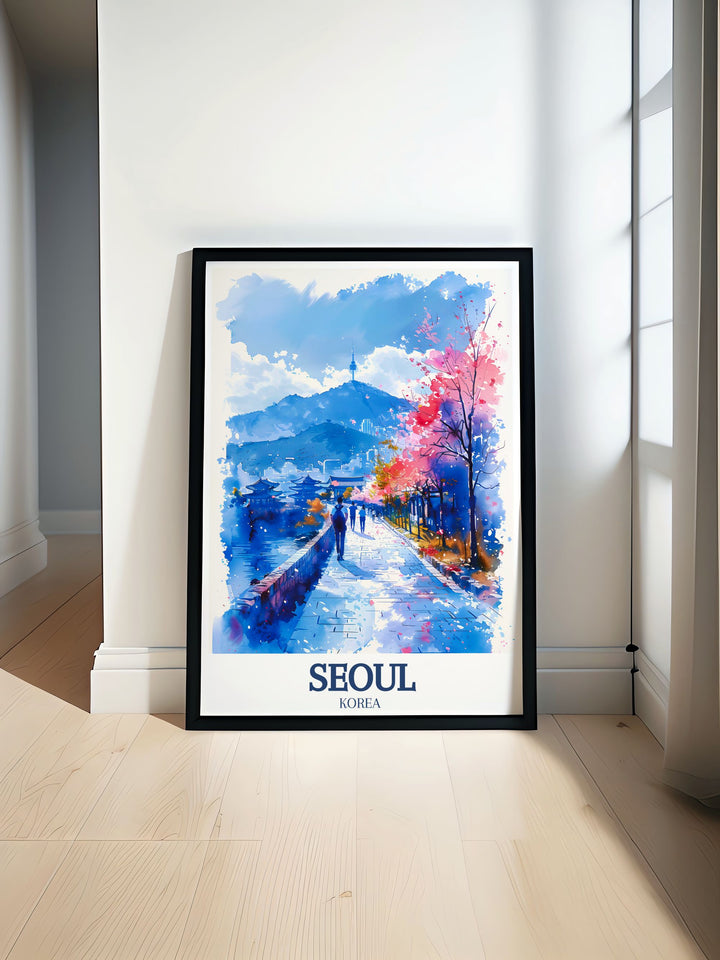 Captivating Seoul Poster featuring N Seoul Tower and Bukchon Hanok Village perfect for home decor capturing the cultural richness and natural beauty of South Korea an ideal gift for travelers or anyone who appreciates fine art and elegant wall decor