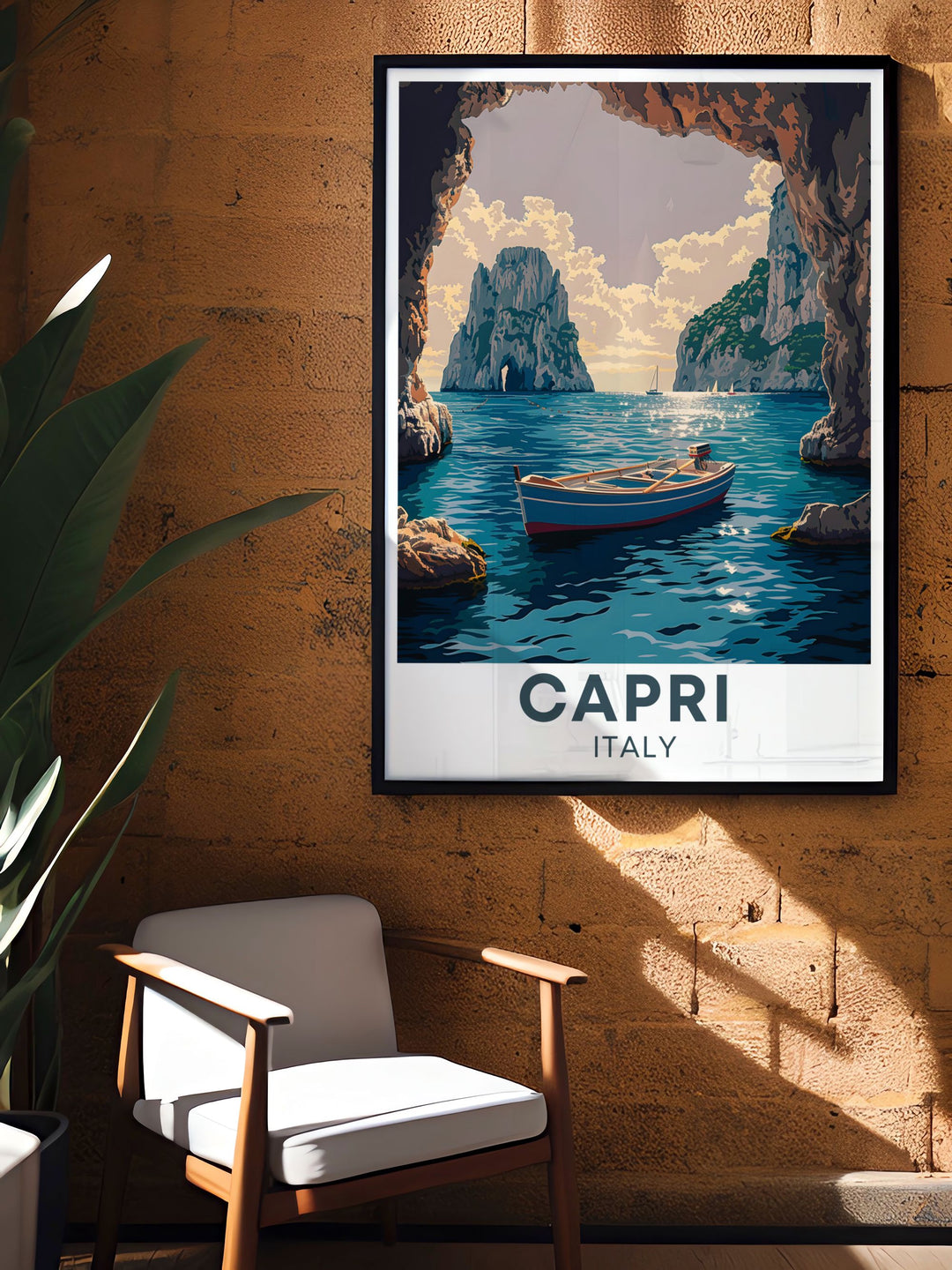 This travel poster captures the mystical Blue Grotto of Capri, featuring its striking blue waters and tranquil atmosphere. Ideal for adding a touch of Italys natural splendor to your home decor and celebrating one of its most beloved landmarks.