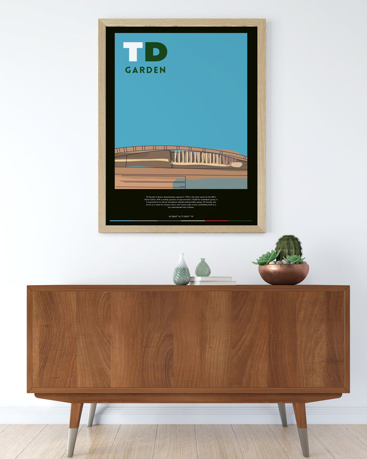 Stunning TD Garden Modern Print with Jason Tatum and Marcus Smart in a classic retro style capturing the excitement of Boston Celtics basketball perfect for any interior space or office