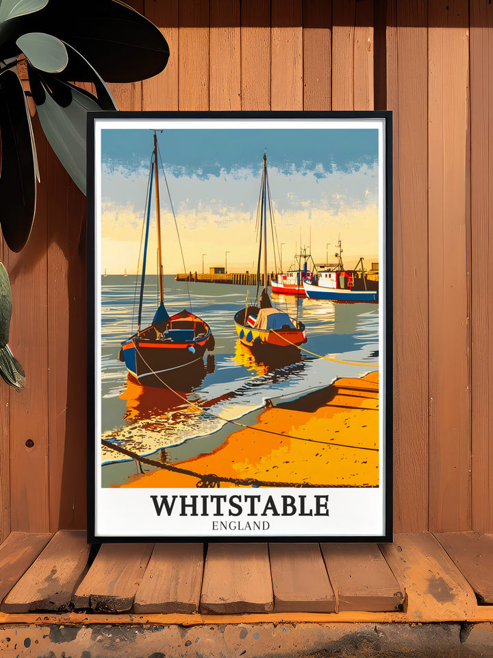 Whitstable Harbour travel art showcasing the colourful buildings and dynamic marina of this beloved coastal spot. Ideal for enhancing beach inspired interiors, this artwork brings the relaxing ambiance of Whitstable Harbour into your home.