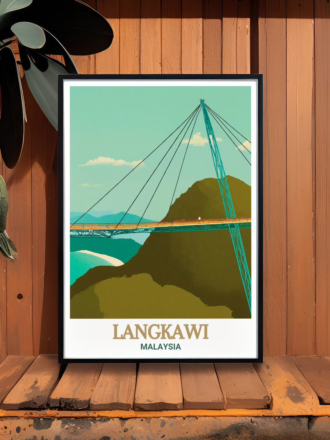 A detailed Langkawi travel print that features the Langkawi Sky Bridge and its stunning views. The print showcases the dynamic blend of nature and modern architecture, making it an excellent vintage style wall poster for your space.