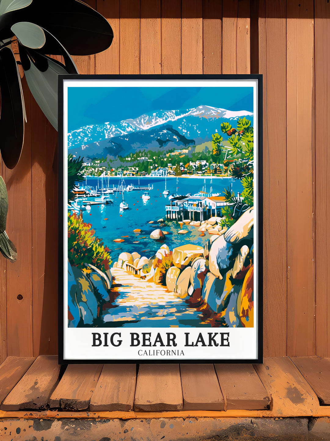 Detailed custom print of Big Bear Lake highlighting its sparkling waters and mountain backdrop an excellent piece for enhancing your home with the serenity and beauty of nature