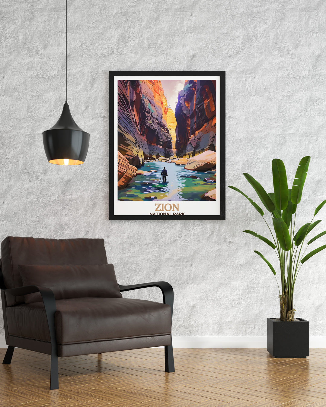 The Narrows framed print featuring the majestic landscape of Zion National Park. Ideal for adding a touch of natural beauty to living rooms and offices.