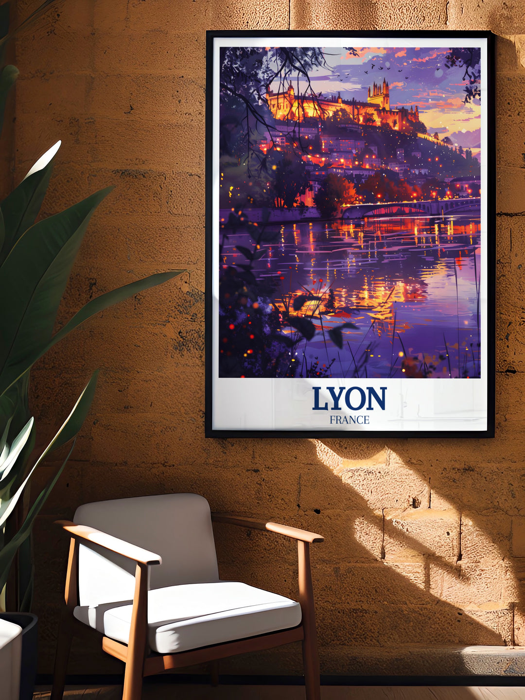 Experience the beauty of Lyon with this travel poster featuring the Saône and Rhône Rivers. The artwork combines a fine line print style with vibrant color accents, making it a standout piece of decor for your home or office, or a thoughtful gift for friends.