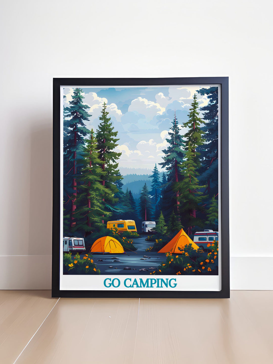 Custom print of a serene camping site in a lush forest, illustrating the beauty of outdoor adventures and the simplicity of vanlife, ideal for those who appreciate nature and freedom.