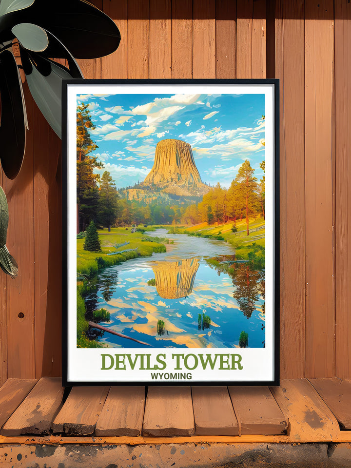 Belle Fourche River and Devils Tower art print capture the raw beauty of Wyoming in this striking piece. The Devils Tower poster showcases a perfect balance of adventure and serenity making it an excellent addition to your nature themed home decor.