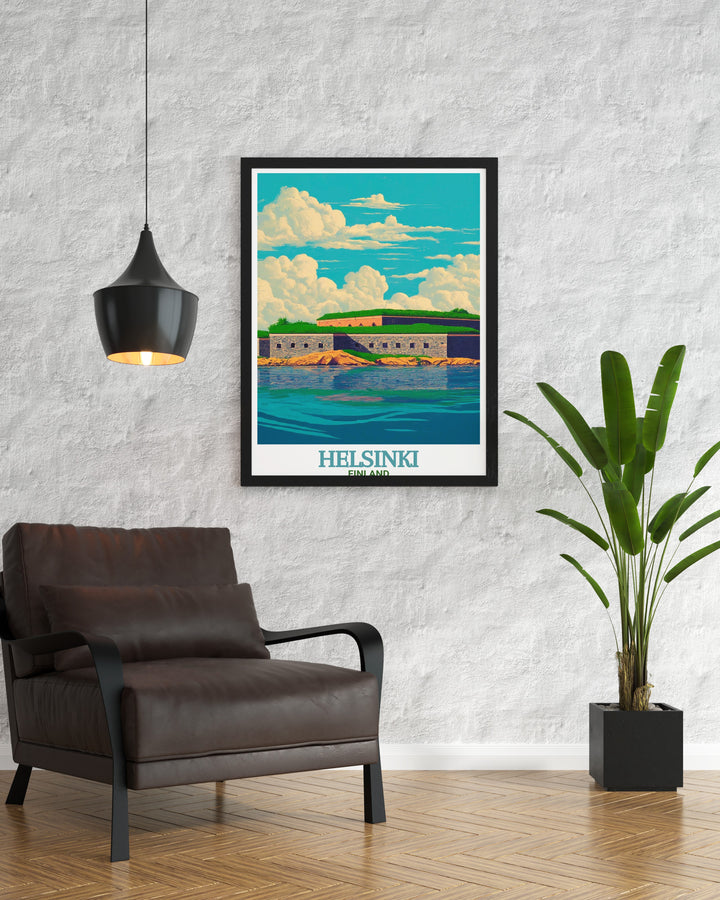 This Helsinki wall print highlights the stunning Suomenlinna Fortress, blending historic architecture with the natural beauty of the Finnish coast. Ideal for art lovers, travelers, or anyone with a connection to Finland, this travel art celebrates one of Helsinkis treasures.