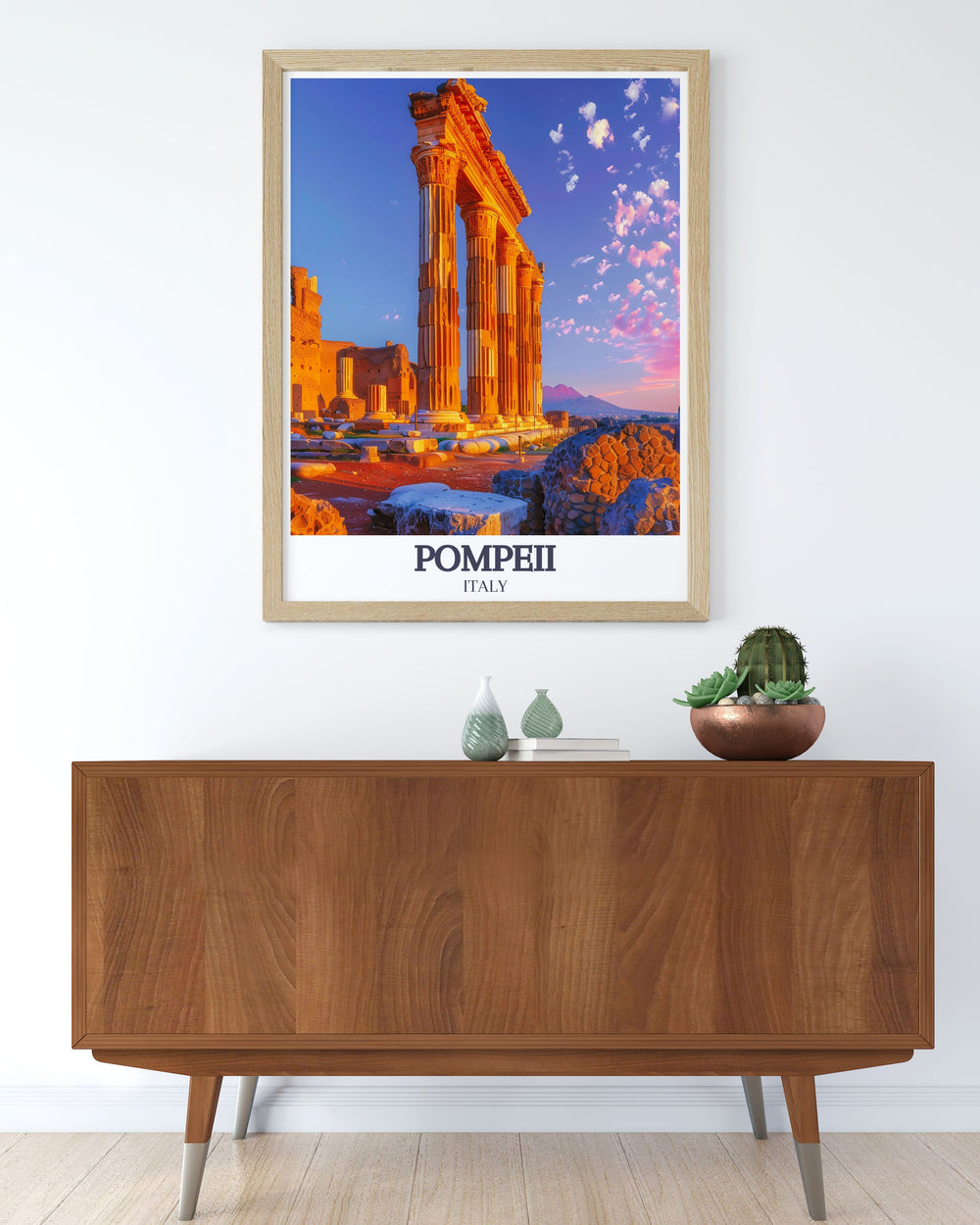 Pompeii wall art showcasing Temple of Apollo with Doric Columns and Mount Vesuvius offering a perfect Italy wall poster for modern home decor.