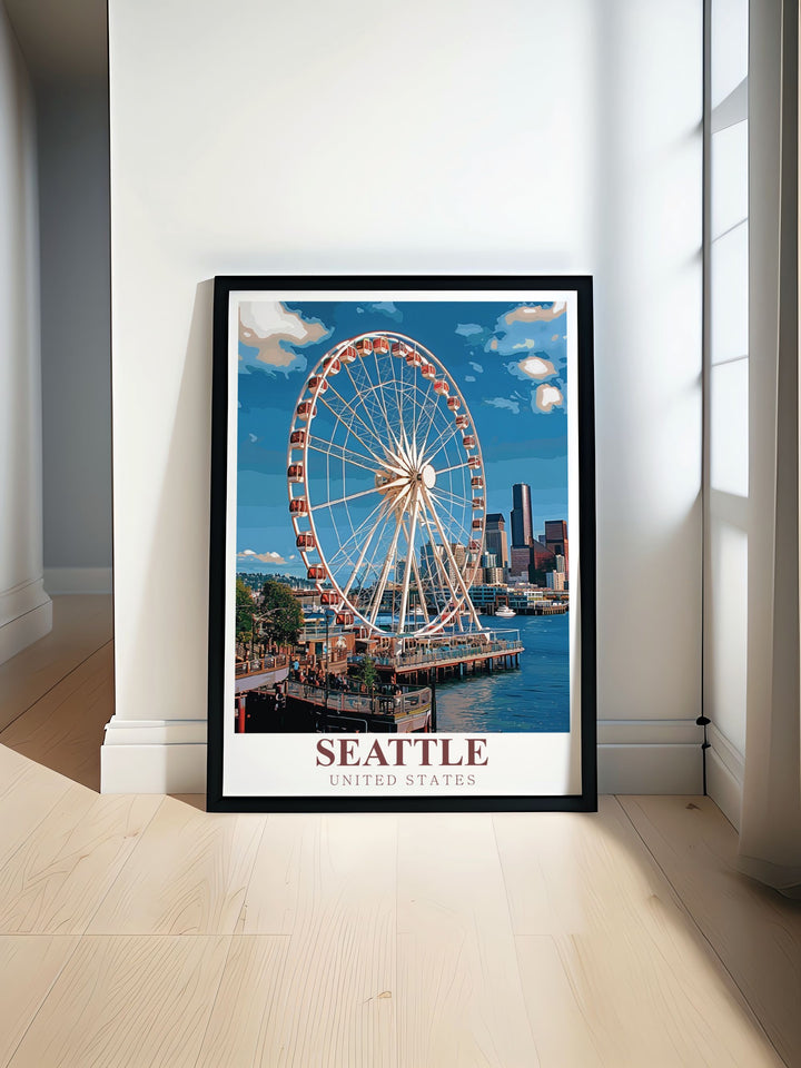 Great Wheel Modern Print showcasing Seattle skyline and waterfront with a vibrant urban scene. Perfect addition to home decor featuring the iconic Great Wheel and cityscape of Seattle. Enhances living spaces with elegant and contemporary art that reflects the beauty of the Pacific Northwest and Seattles famous landmarks.