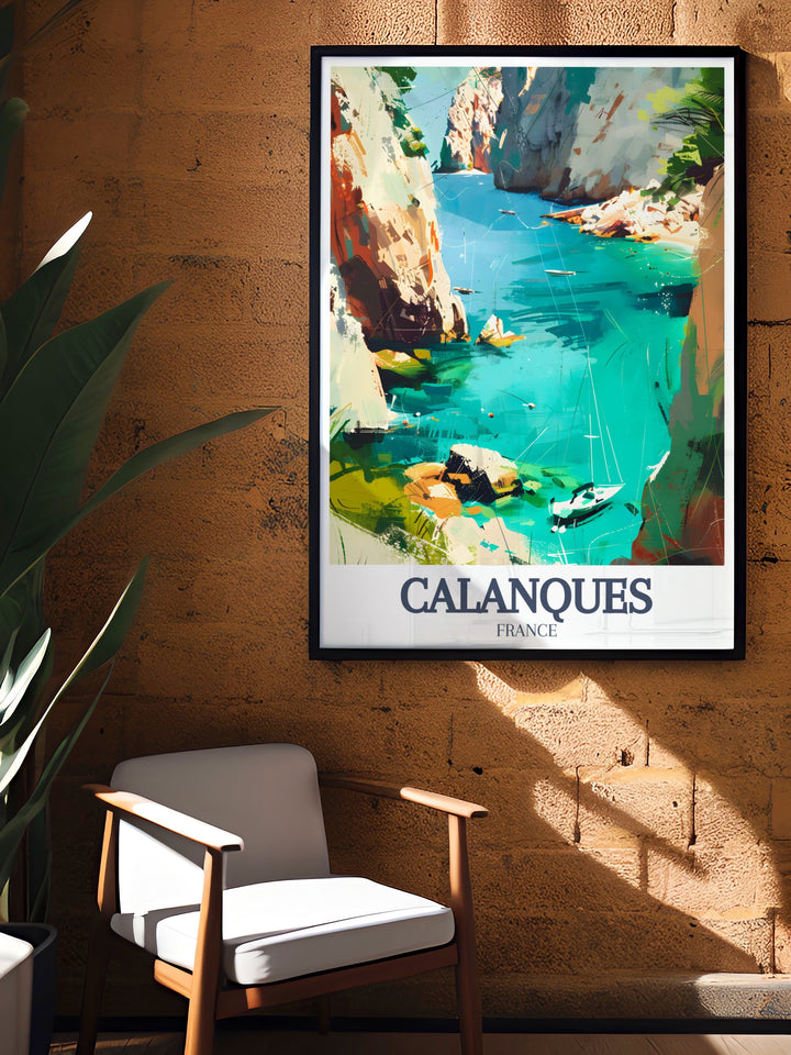 Travel prints of Calanque dEnVau and Calanque de Morgiou bring the breathtaking cliffs and clear blue waters of the Mediterranean to life ideal for anyone looking for Marseille souvenirs or Mediterranean inspired wall art.