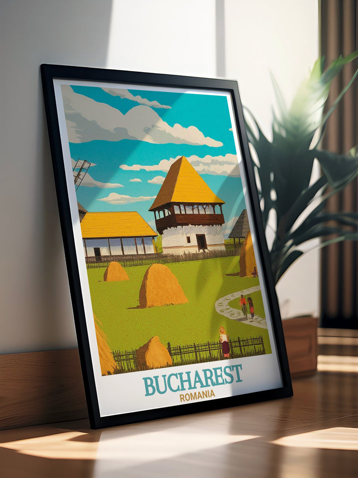 The Romania map and Village Museum are beautifully depicted in this travel poster, showcasing the countrys cultural history. This canvas art highlights Romanias traditional architecture and is perfect for travelers and lovers of European history.